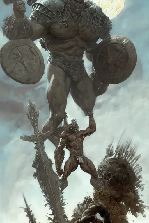 Image similar to giant bodybuilding warrior king on venus by ruan jia, jack kirby, norman rockwell, wayne barlow, sergey krasovskiy, zdzislaw beksinski, artstation creature