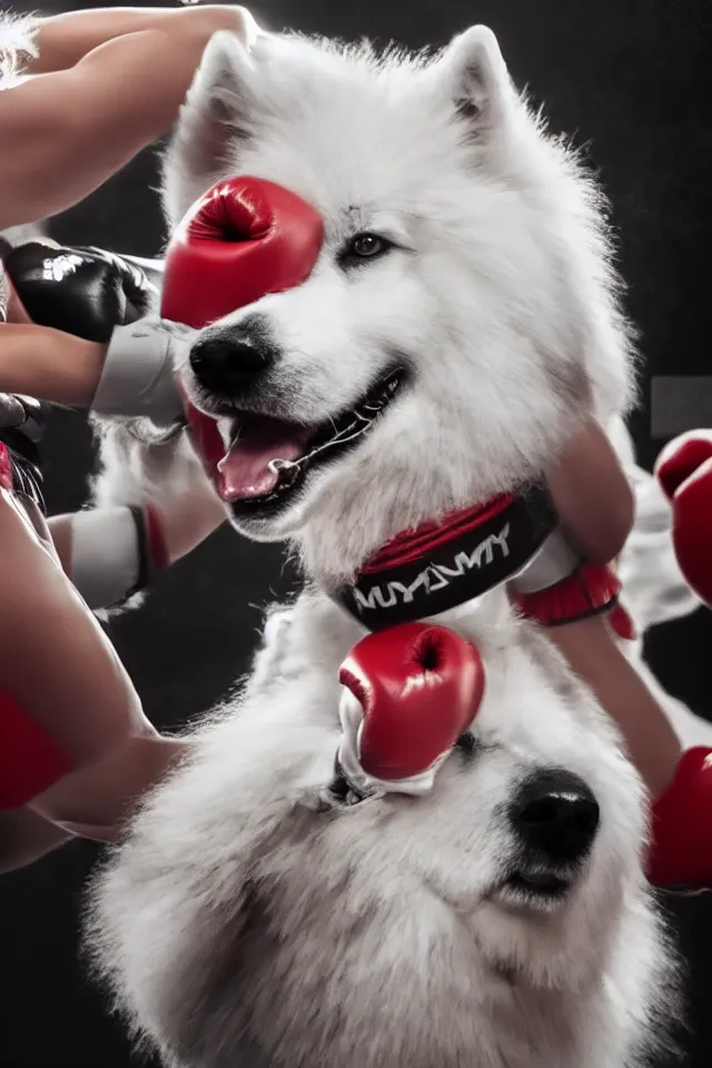 Image similar to samoyed dog competing in muay thai kickboxing fight, photorealistic, 4k, dramatic and cinematic