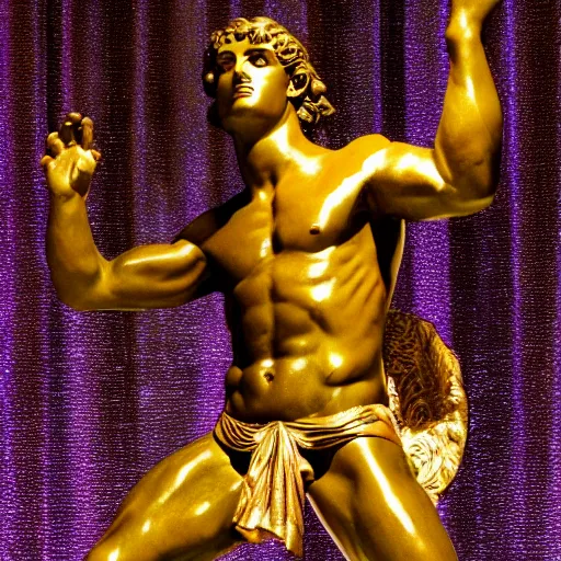 Image similar to a bronze greek statue in a loincloth in a disco club dancing next to a floating purple rectangle made of lightning