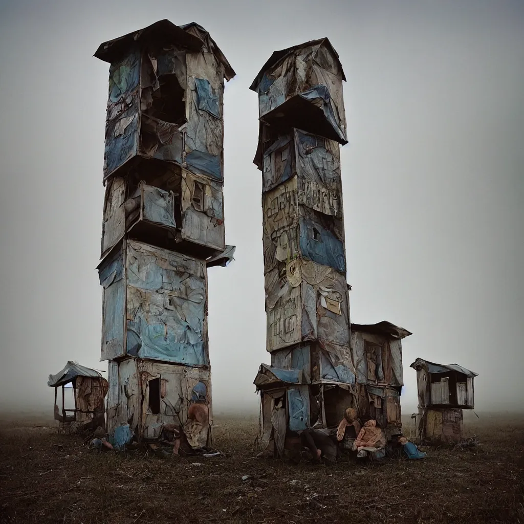 Image similar to two towers, made up of makeshift squatter shacks with faded colours, apocalyptic sky, uneven fog, dystopia, mamiya rb 6 7, fully frontal view, ultra sharp, very detailed, photographed by julie blackmon