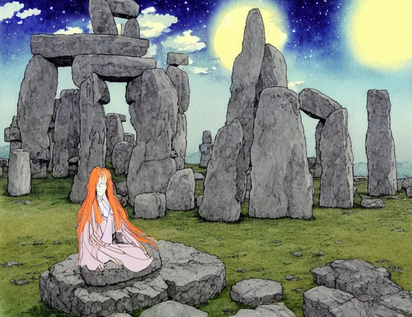 Prompt: a hyperrealist studio ghibli watercolor fantasy concept art of a giant long haired grey witch in lotus position sitting on top of the stones of stonehenge with a starry sky in the background. a ufo is in the sky. by rebecca guay, michael kaluta, charles vess