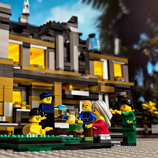 Image similar to mara - a - lago fbi raid lego set, photorealistic, studio lighting, highly detailed, cinematic composition, realistic render, octane render, detailed textures