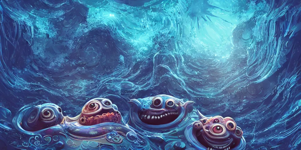 Image similar to of an intricate deep sea with strange cute friendly happy creatures with huge eyes, long tongue, round teeth and goofy funny face, appearing from the background, in the style of gehry and gaudi, macro lens, shallow depth of field, ultra detailed, digital painting, trending artstation, concept art, illustration, cinematic lighting, photorealism, epic, octane render