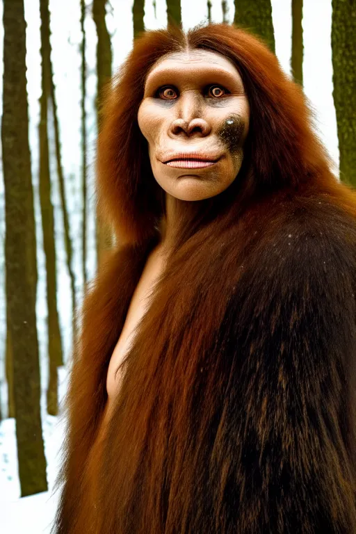 Prompt: a professional portrait photo of a neanderthal woman in the forest in winter, mud on face, black stripe across her eyes, ginger hair and fur, extremely high fidelity, natural lighting, still from the movie quest for fire