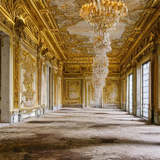 Image similar to inside opulent abandoned overgrown Palace of Versailles ,rplants growing through the floors and walls, walls are covered with vines, dusty golden volumetric light shines through giant broken windows, rich with epic details