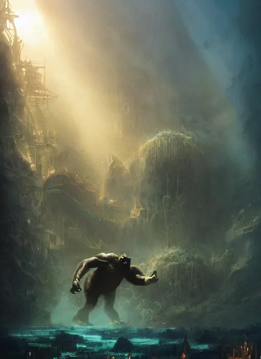 Image similar to kingkong destroying the abandoned city of atlantic underwater, a ray of sunlight, greg rutkowski, moebius, mohrbacher, frazetta, roy krenkel, boris vallejo, and manuel sanjulianblue, gold color scheme, ultra - wide angle, ultra - detailed, light effect, mystical, cinematic