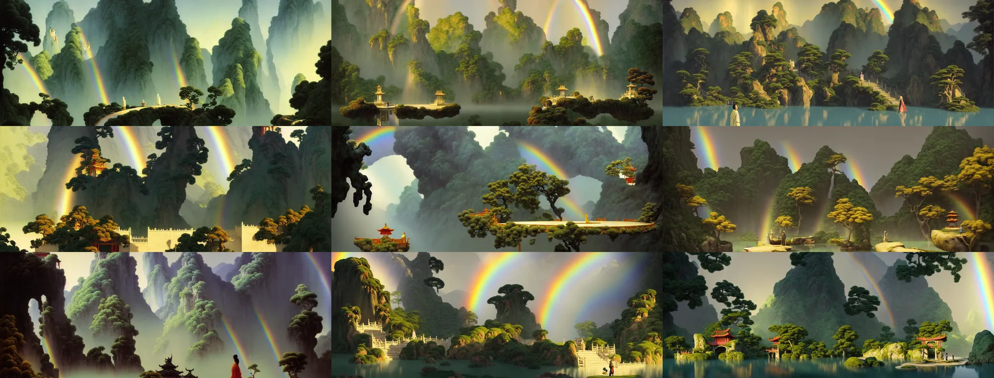 Image similar to a gorgeous landscape painting by barlowe wayne, maxfield parrish and marco mazzoni. chinese temple. rainy mood!! sunny morning. a lonely chinese wuxia walks on the winding stone steps, stone gate to the dark cave, 3 d, octane render, turbulent lake, waterfall. fog, just one rainbow. 8 k.