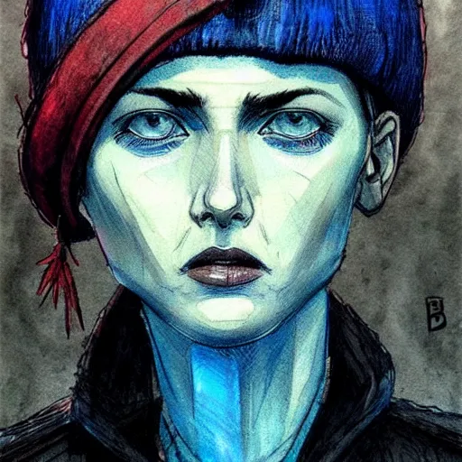 Image similar to intricate portrait, pure skin, short blue hair, in the style of enki bilal!