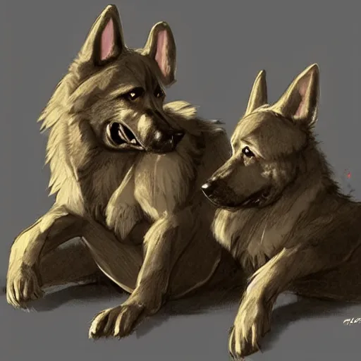 Image similar to two humanoid german shepherds beast - men, sitting on a couch and hugging together, artstation, concept art, smooth, sharp foccus ilustration, artstation