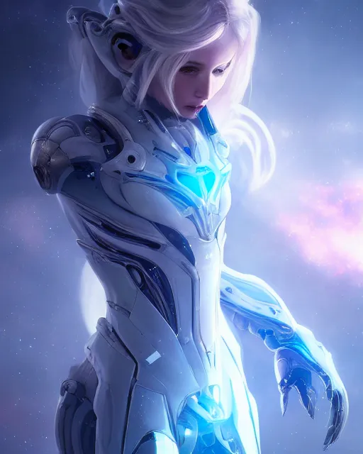 Image similar to perfect android girl on a mothership, warframe armor, beautiful face, scifi, futuristic, galaxy, nebula, raytracing, dreamy, long white hair, blue cyborg eyes, sharp focus, cinematic lighting, highly detailed, artstation, divine, by gauthier leblanc, kazuya takahashi, huifeng huang