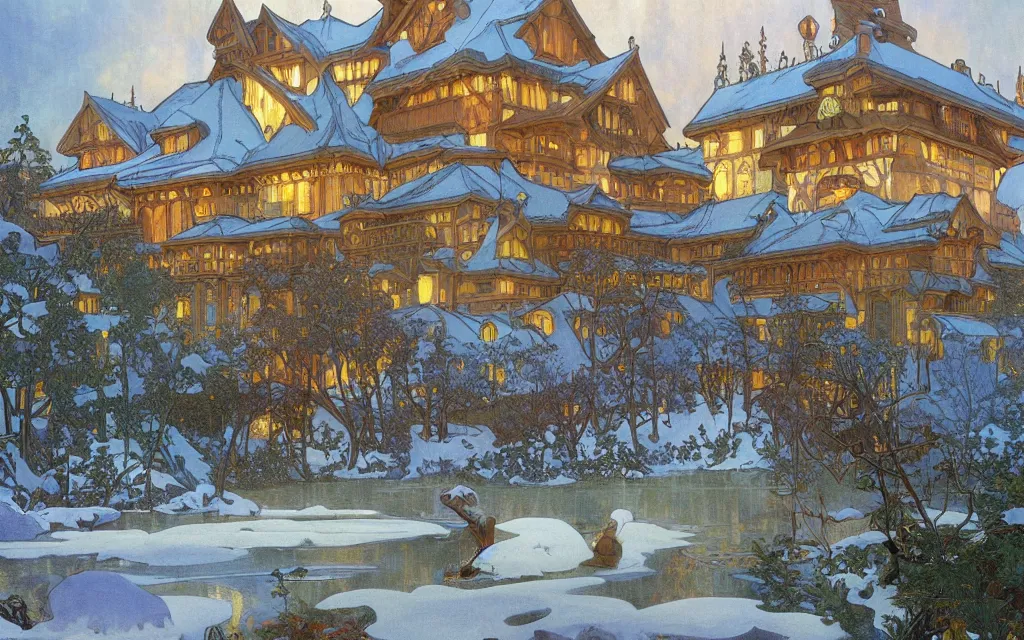 Prompt: A beautiful matte painting of a wintery fantasy inn by the lake by Alphonse Mucha, Clyde Caldwell,Brothers Hildebrandt, thomas kincade, trending on artstation