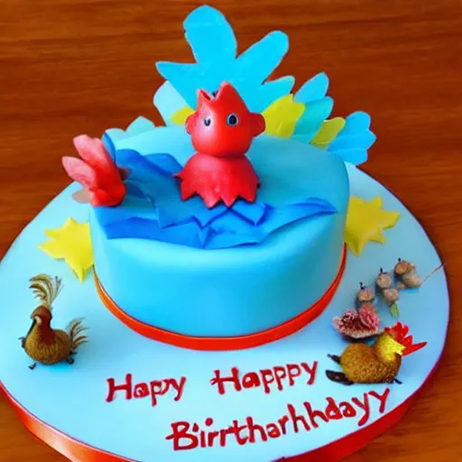 Image similar to a realistic photo of a hatchling chick and a big rooster all alone next to a birthday cake