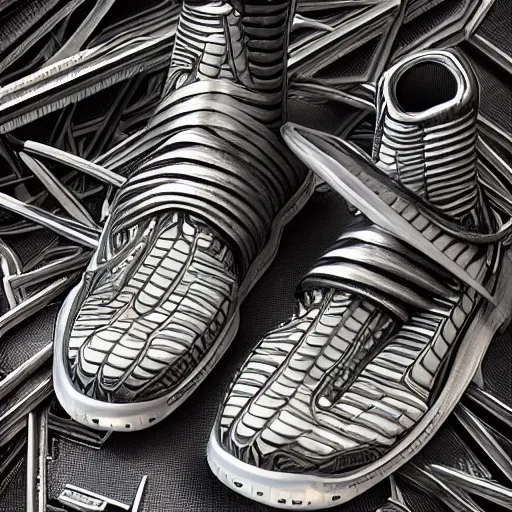 Image similar to futuristic balenciaga and vetements sneakers by aaron horkey, trending on artstation, skeleton, ultra rendered extreme realism and detail, 8 k, highly detailed, realistic, completely framed, pbr, surreal, hyper realistic, colorful, direct lighting, 3 5 mm photo, photorealistic, sharp focus,