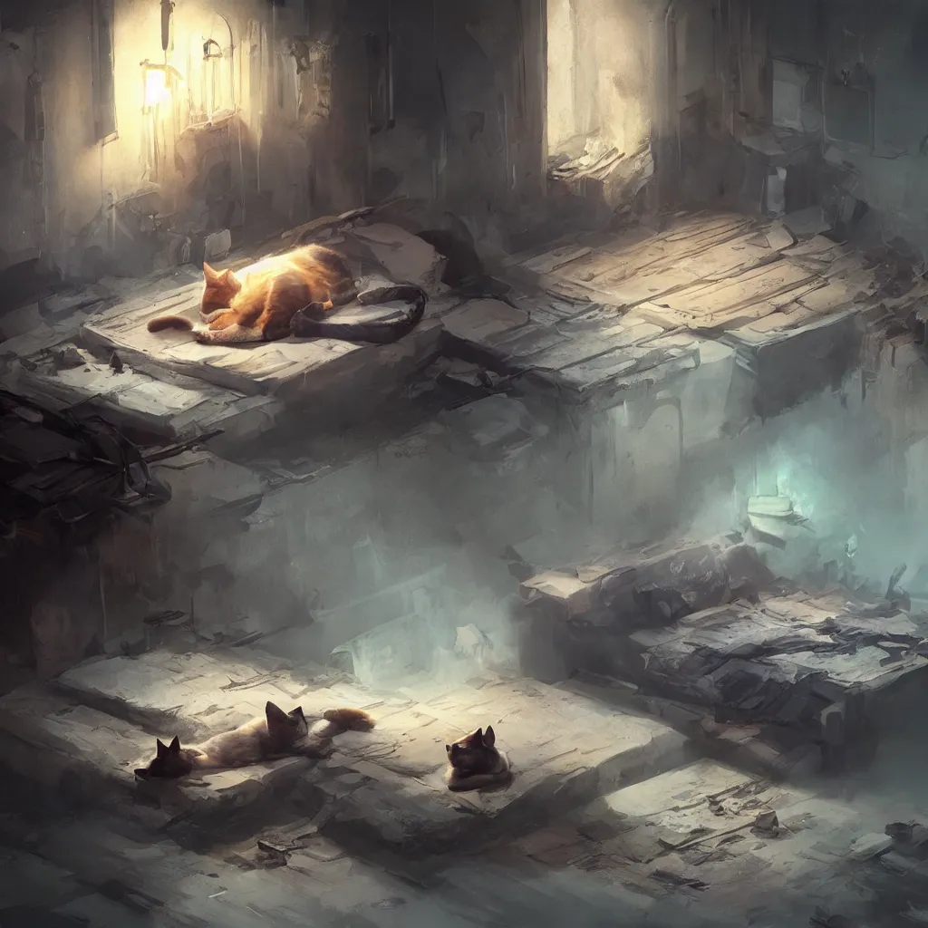 Image similar to cat laying on bed in under ground base, concept art, by greg rutkowski, volumetric lighting, complementing colors