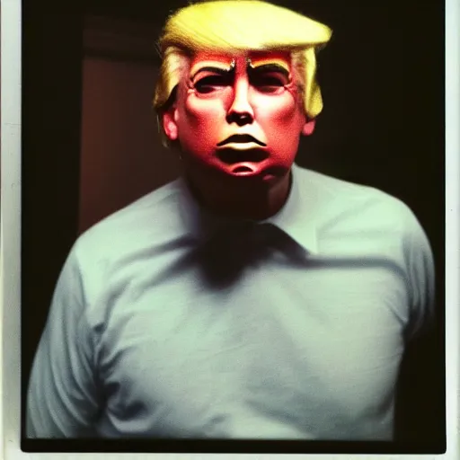 Prompt: A man wearing a Donald Trump mask at a party. Polaroid photo