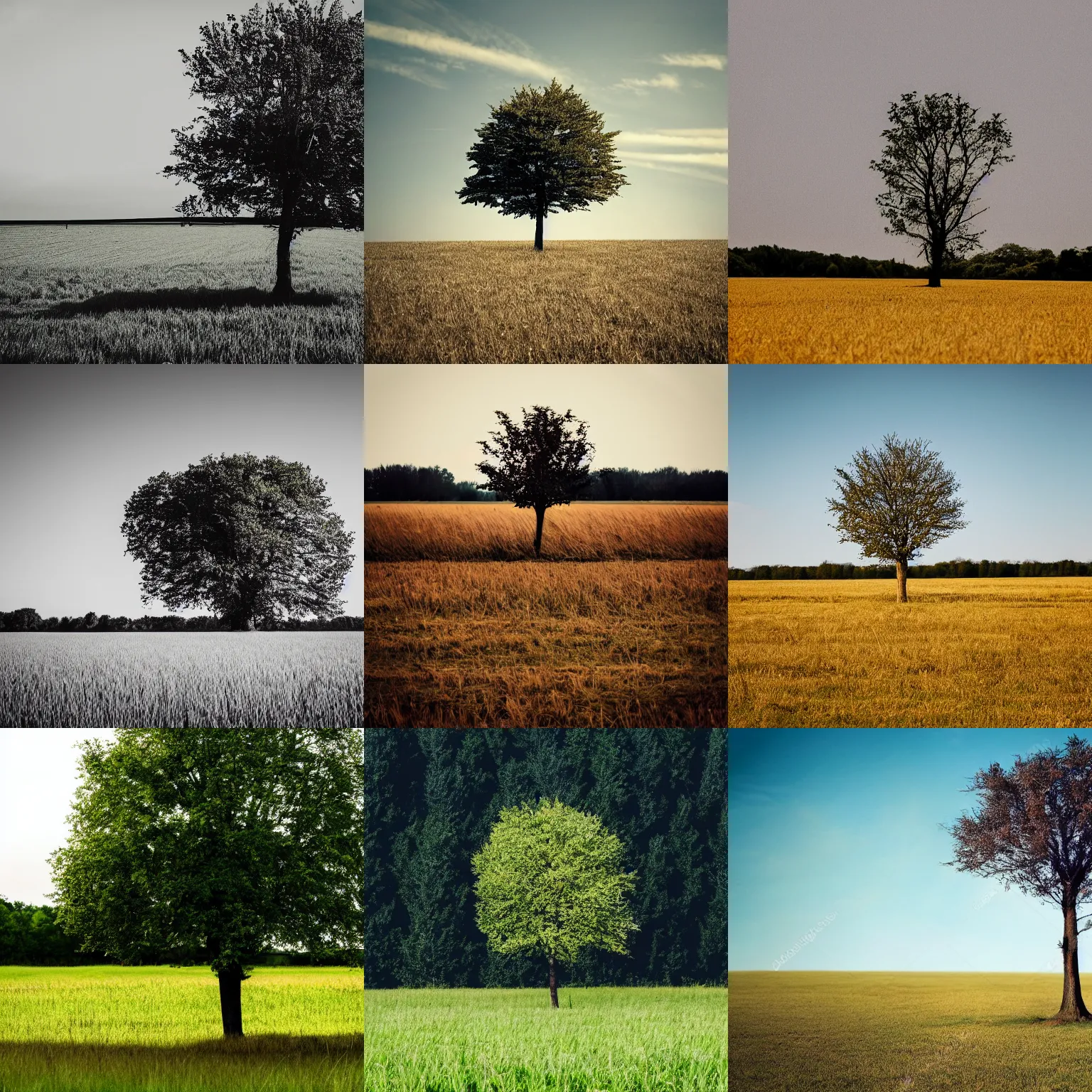 Prompt: A single tree in a field.