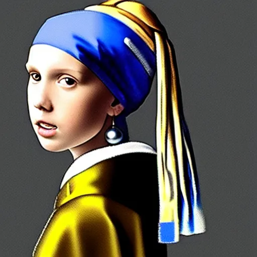 Image similar to Millie Bobby Brown with a pearl earring by Johannes Vermeer