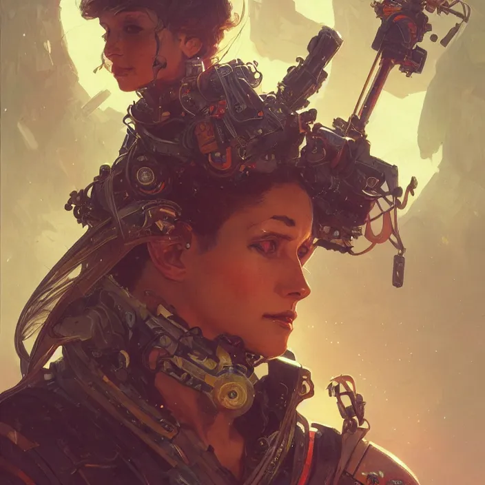 Prompt: a head and shoulders portrait of a space pirate, neon, retro, steampunk, smooth, sharp focus, intricate, artstation, detailed concept art by Greg Rutkowski and Alphonse Mucha and Norman Rockwell