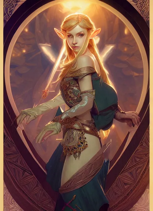 Image similar to zelda with triforce, fantasy, intricate, elegant, highly detailed, digital painting, artstation, concept art, wallpaper, smooth, sharp focus, illustration, art by artgerm and greg rutkowski and alphonse mucha