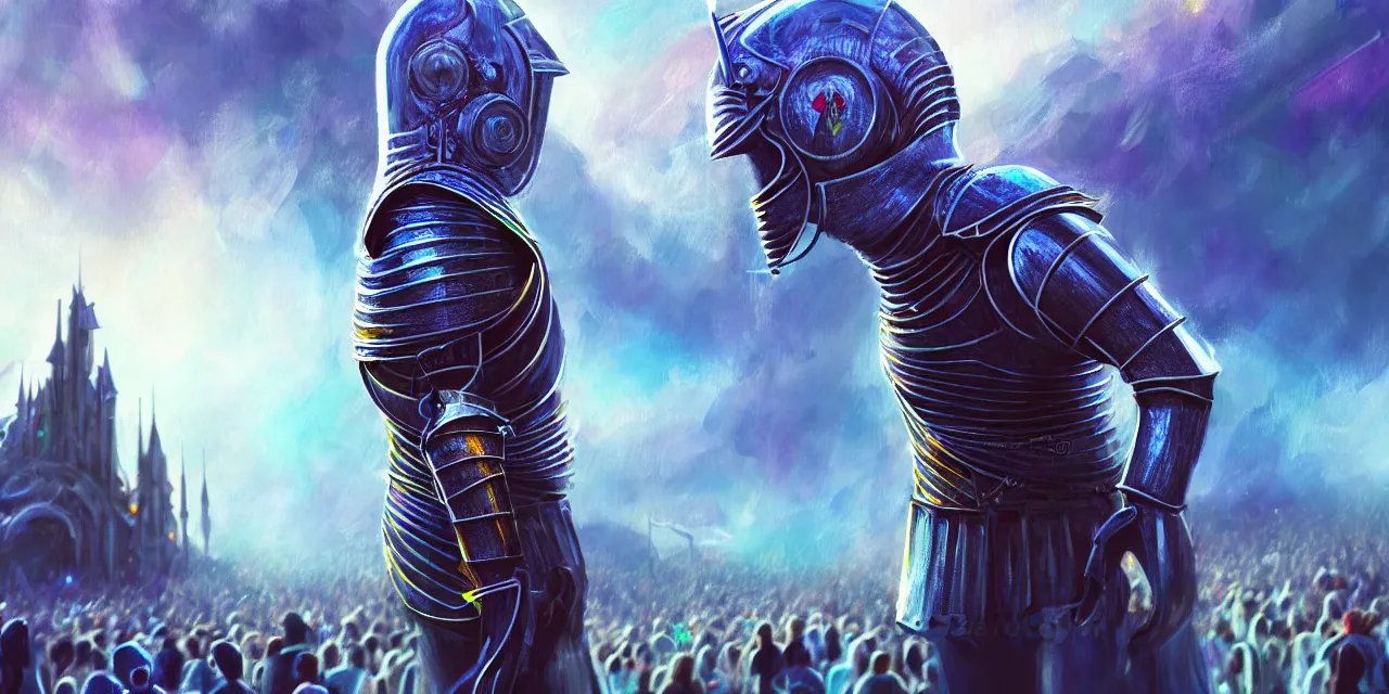 Image similar to tomorrowland, hyper - realistic illustration of a knight, in a sci - fi music festival, digital painting, sharp focus