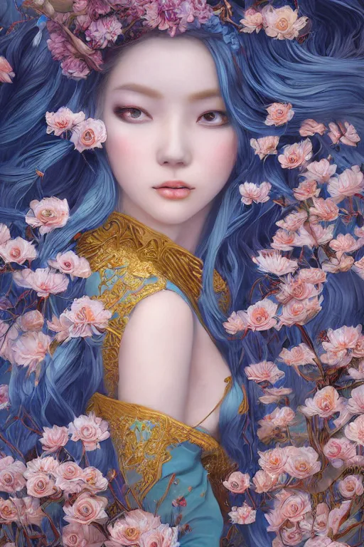 Image similar to breathtaking detailed painting by pilyeon and yuumei art of a full shot queen with long flowing bright blue hair, long dress and pastel flowers petals and golden tumultuous clouds, symmetrical facial features, at dawn in front of a pristine golden art nouveau cathedral, elegant, volumetric lighting, highly detailed, artstation, concept art, matte, sharp focus,