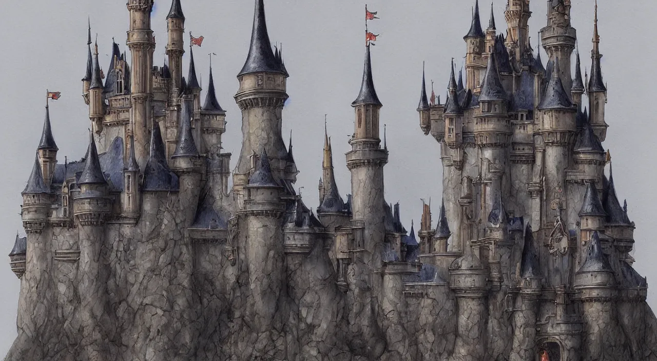 Prompt: disney fantasy castle. Jean-Baptiste Monge and Alex Ross a artwork of a gothic revival castle. fantasy castle, trending on artstation