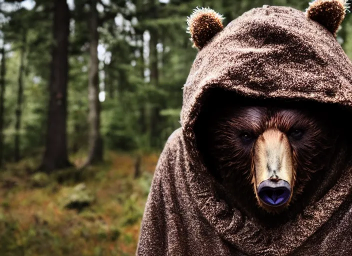 Prompt: character and environment photography, portrait mystical infested anthropomorphic 2 0 - year - old male bear druid, tattered spiderweb hood and robe, reflective eyes, infested bear standing, medium shot, wide angle, 2 0 0 px, low key