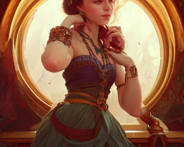 Image similar to photography of anna razumovskaya, deep focus, d & d, fantasy, intricate, elegant, highly detailed, digital painting, artstation, concept art, matte, sharp focus, illustration, hearthstone, art by artgerm and greg rutkowski and alphonse mucha