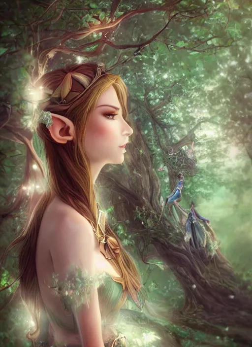 Image similar to beatiful elf princess in an enchanted forest, 3/4 side view, hair jewellery, fully clothed, light mist, light rays sieving through the trees, shallow depth of field, coherent composition, by Yuumei, by Artgerm