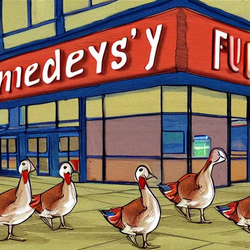 Image similar to five geese attacking a wendys resturant demanding chicken nuggets, digital art, sharp, realistic