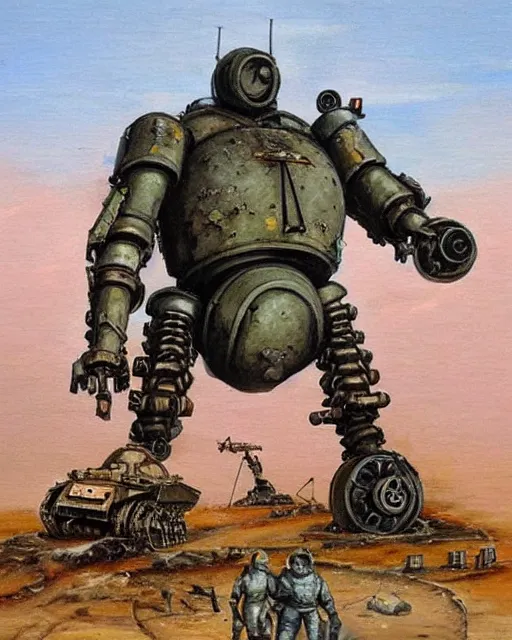 Prompt: ( ( t - 3 4 ) ) mech!!!! armed with a 7 5 mm cannon for an arm, giant!!!! humanoid!!!! figure, giant legs, oil painting, ( ( ( soviet tank ) ) ), tribal yurta, postapocalyptic, sharp focus