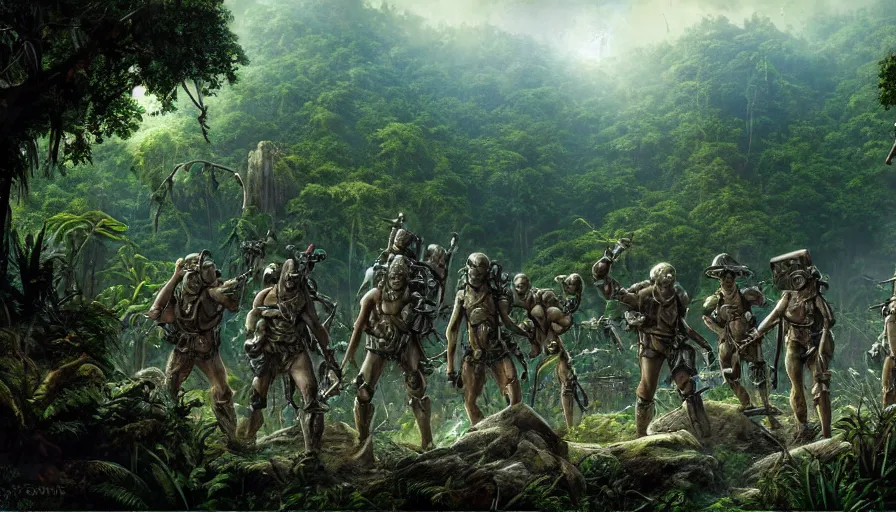 Image similar to a beautiful highly detailed matte painting of a band of mercenaries finding a robot in a dense jungle underground