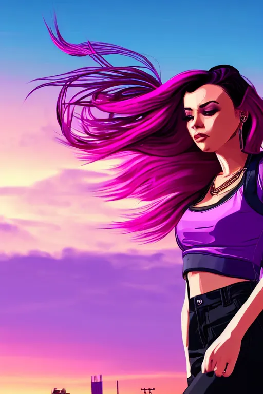 Image similar to a stunning GTA V loading screen with a beautiful woman with ombre purple pink hairstyle, hair blowing in the wind, sunset, outrun, vaporware, retro, digital art, trending on artstation