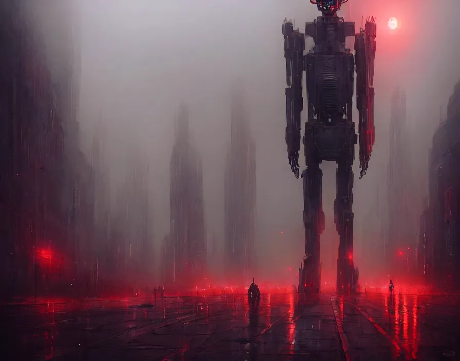 Image similar to a gigantic humanoid robot in the fog with red eyes marching across a metropolis, by greg rutkowski and moebius, epic, hyper detailed, cinematic, dramatic lighting, vivid colors, horror