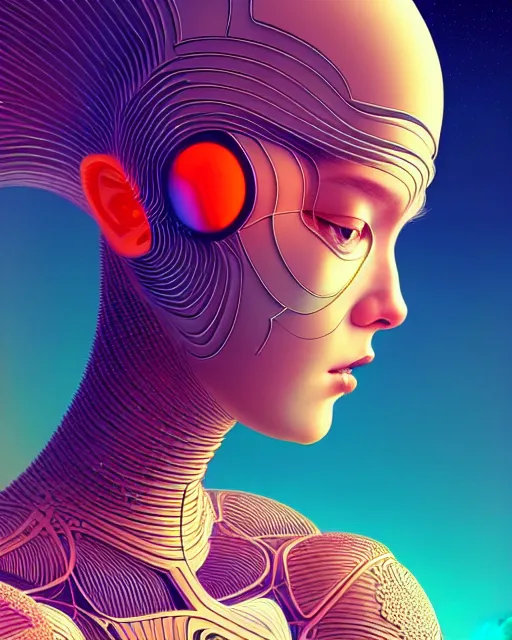 Image similar to ultra detailed, beautiful female android with human hair, side portrait, sharp focus, highly detailed vfx portrait, geometric shapes, global illumination, by moebius!! and james jean and victo ngai and tristan eaton. detailed, vector art, digital illustration, concept art. 8 k, hdr, fractal