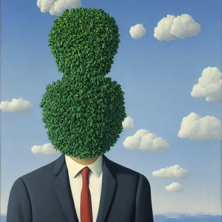 Image similar to portrait of a man whos head is made of clouds, by rene magritte, detailed painting, hd, hq, high resolution, high detail, 4 k, 8 k