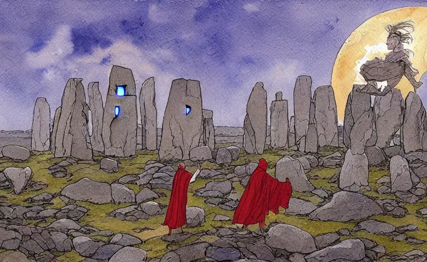 Image similar to a realistic watercolor fantasy concept art of giant monk with a big forehead in grey robes swaying in stonehenge. several immense stones are floating in the air. in the background a large ufo is in the sky. by rebecca guay, michael kaluta, charles vess