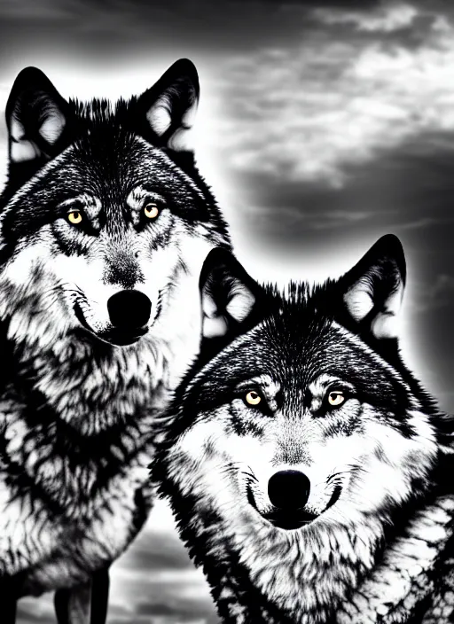 Image similar to two wolves black and white portrait white sky in background