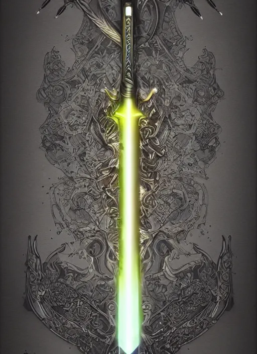 Prompt: legendary glowing sword of cybernetic technology on a table, digital award winning artwork, intimate, intricate, long sharp black and iridescent blade, ornate gothic baroque spikes coming out, colorful hilt, vivid detailed realistic, ray tracing, colored gems, golden pommel, artstation, deviantart