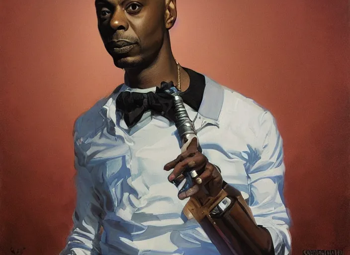 Prompt: a highly detailed beautiful portrait of dave chappelle as a [ [ robot ] ] by gregory manchess, james gurney, james jean