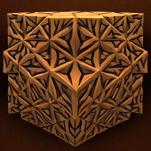 Image similar to rubic's cube made out of carved wood on a dark biome, au naturel, hyper detailed, digital art, trending in artstation, cinematic lighting, studio quality, smooth render, unreal engine 5 rendered, octane rendered, art style by klimt and nixeu and ian sprigger and wlop and krenz cushart