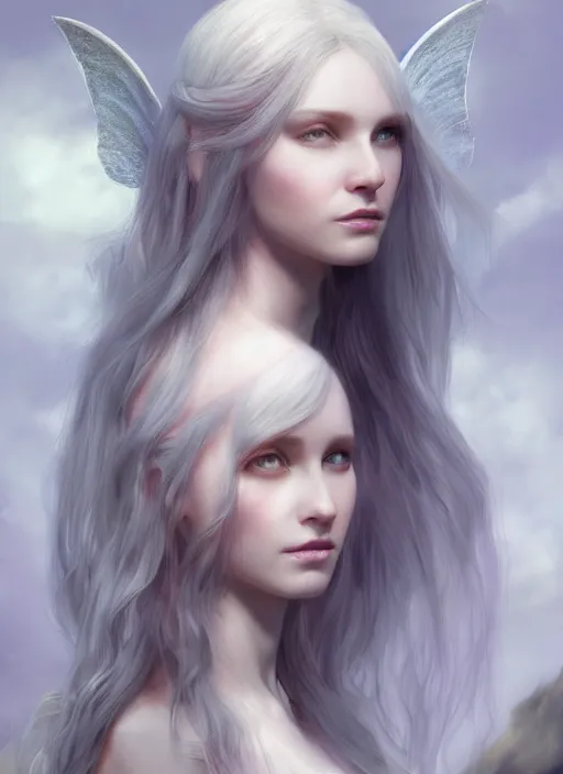Prompt: pale, beautiful fairy spirit with long hair, fantasy, elegant, concept art, sharp focus, beautiful face!!, digital art, Hyper-realistic, 4K, Unreal Engine, Highly Detailed, HD, Dramatic Lighting, Beautiful, by Brom, trending on Artstation