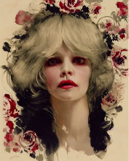 Prompt: a beautiful but sinister woman in layers of fear, wearing a linen shirt, with haunted eyes and big platinum hair, 1 9 7 0 s, seventies, floral wallpaper, delicate embellishments, a little blood, painterly, offset printing technique, by william russell flint