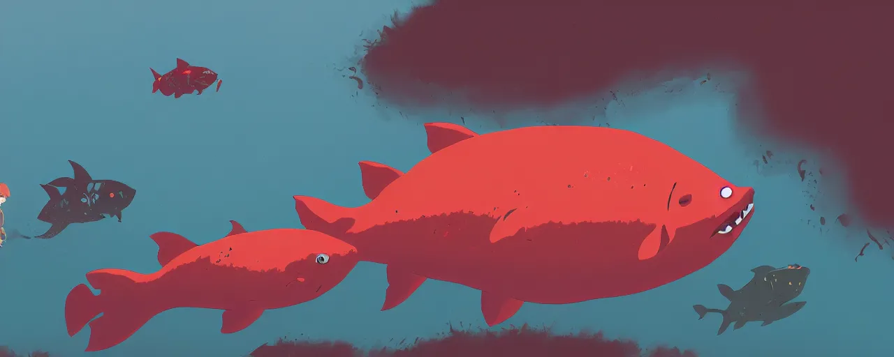 Image similar to piranhas swarming, blood in the water, atey ghailan, goro fujita, studio ghibli, rim light, terrifying, red tint, dark lighting, clear focus, very coherent