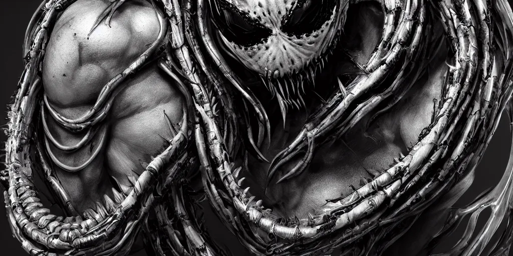 Image similar to hyper realistic photography of a stunningly beautiful cyborg male, intimately holding close, venom, in the style of beth cavener, jin kagetsu, and wlop, highly detailed, intricate filigree, symmetry, masterpiece, award winning, sharp focus, concept art, highkey lighting, ambient lighting, octane render, 8 k, artstation