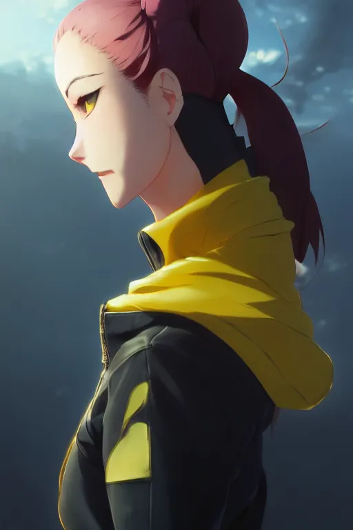 Image similar to black ponytail hair, pale woman in a black zipper jacket, yellow eyes, by artgerm, hair tied in a ponytail, black background, cinematic color grading, fighting pose, dynamic angle, by greg rutkowski makoto shinkai takashi takeuchi