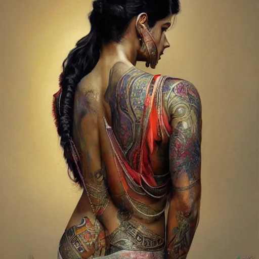 Prompt: portrait painting of a muscular bloodied indian man lower back, tattooed, wearing sari, jewellery, side profile, ultra realistic, concept art, intricate details, eerie, highly detailed, photorealistic, octane render, 8 k, unreal engine. art by artgerm and greg rutkowski and alphonse mucha