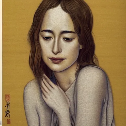 Image similar to “ dakota johnson portrait by ikenaga yasunari and ayana otake and ko rakusui, 6 0 s poster, drawing, realistic, sharp focus, japanese, dreamy, nostalgia, faded, golden hues, floral clothes, porcelain skin ”