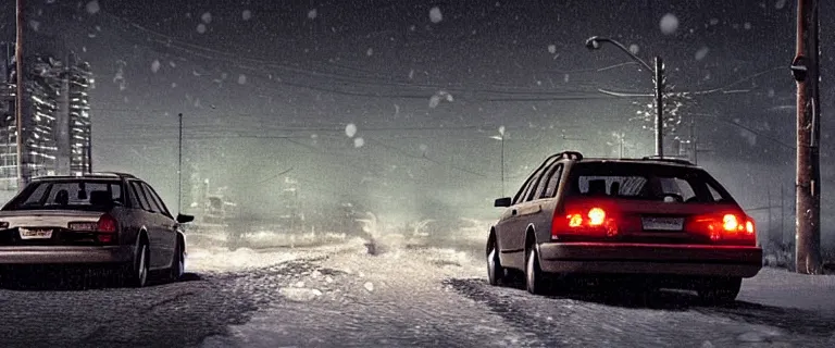 Image similar to Audi A4 B6 Avant (2002), a gritty neo-noir, dramatic lighting, cinematic, eerie person, death, homicide, homicide in the snow, gunshots, establishing shot, extremely high detail, photorealistic, cinematic lighting, artstation, by simon stalenhag, Max Payne (PC) (2001) winter New York at night, In the style of Max Payne 2 graphic novel, flashing lights, Poets of the Fall - Late Goodbye