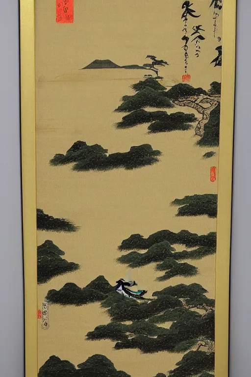 Prompt: japanese painting of a landscape by kano sanraku in the style of nihonga, gold